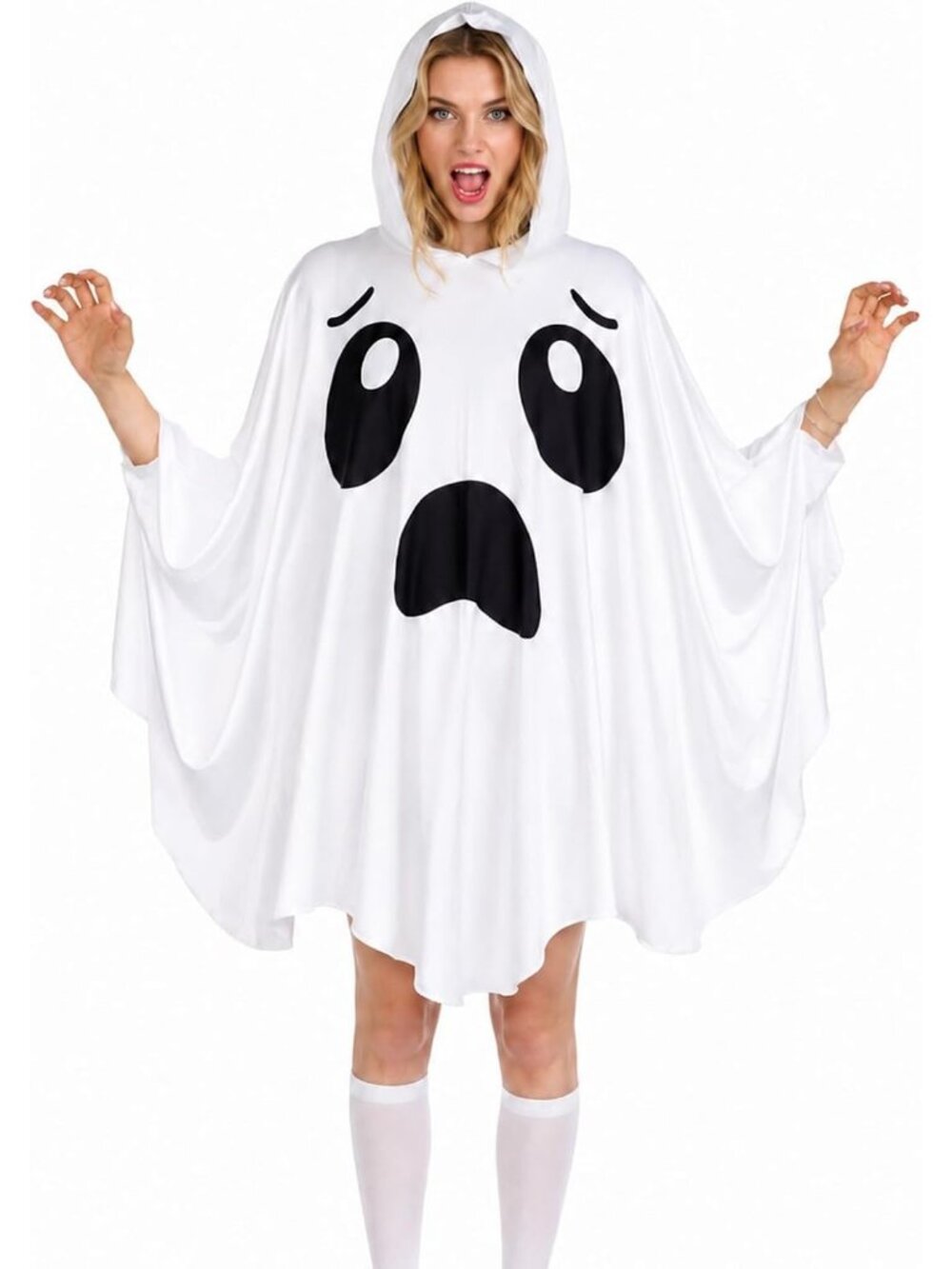 Women's White Hooded Ghost Poncho Halloween Costume Spooky Ghost Outfit